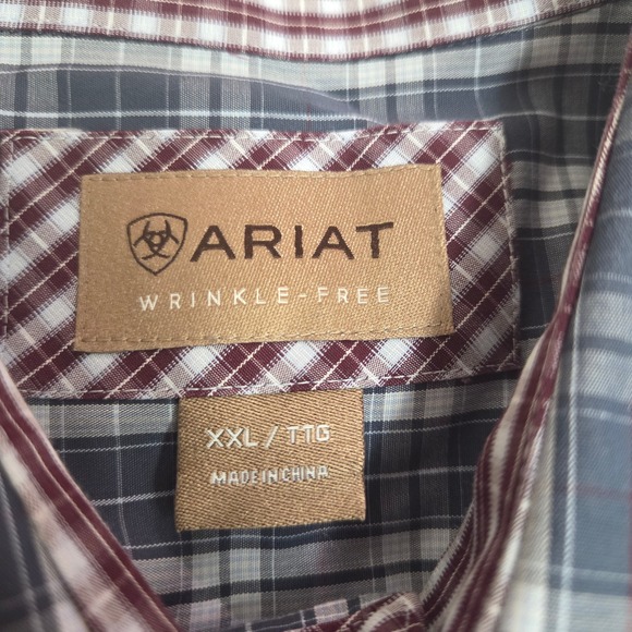 Ariat Mens XXL Wrinkle Free Plaid Button Down Shirt Gray Blue Long Sleeve Logo - Picture 5 of 6